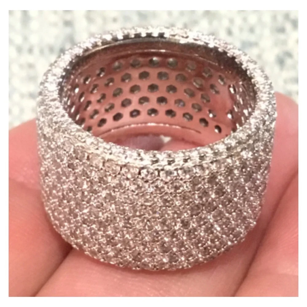 New! Shiny White Silver Mini Crystals Chunky Band Ring